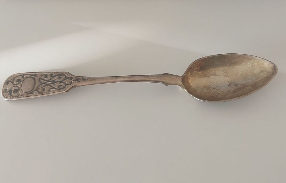 Серебряная ложка, Михаил Дмитриев, 84 проба, длина 19 см, 1854 год, вес 39,3 гр.