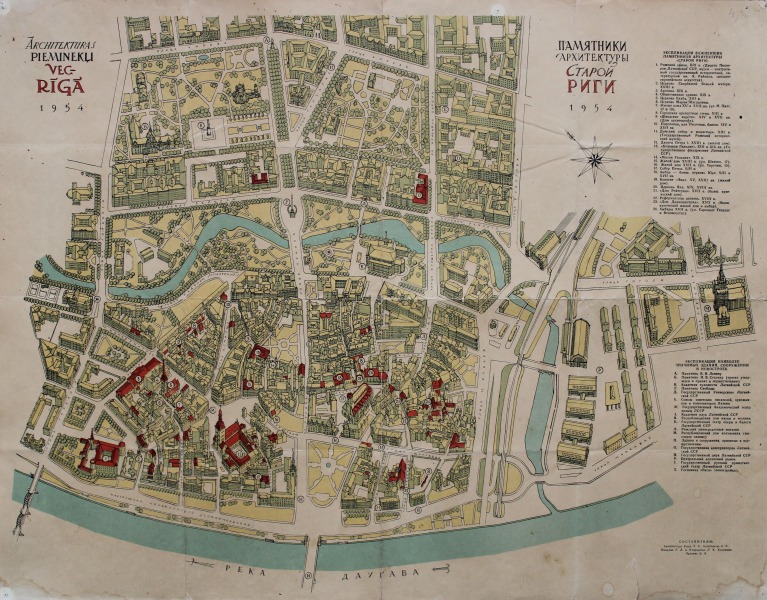 Riga 1954, architectural monuments, two-sided, 49.5x63.5 cm