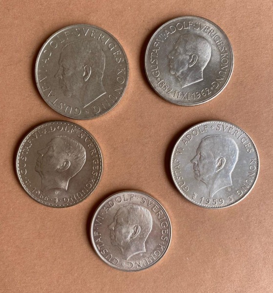 Наборы монет, 5 крон (4 шт, 400 проба)/10 крон (1 шт, 835 проба), серебро,