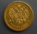 Zelta 5 rubļu monēta. Krievijas impērija 1900 g.