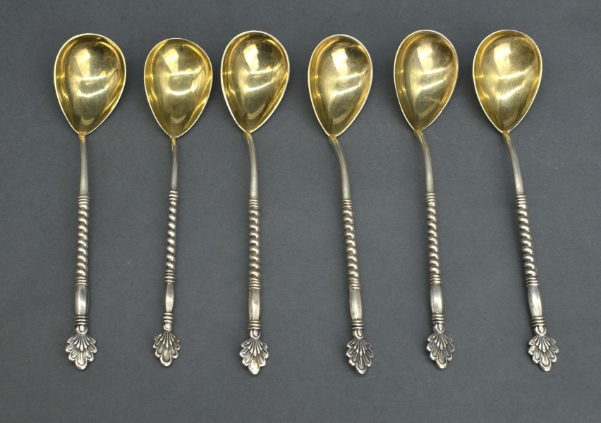 Серебряные чайные ложки с позолотой, 6 шт.