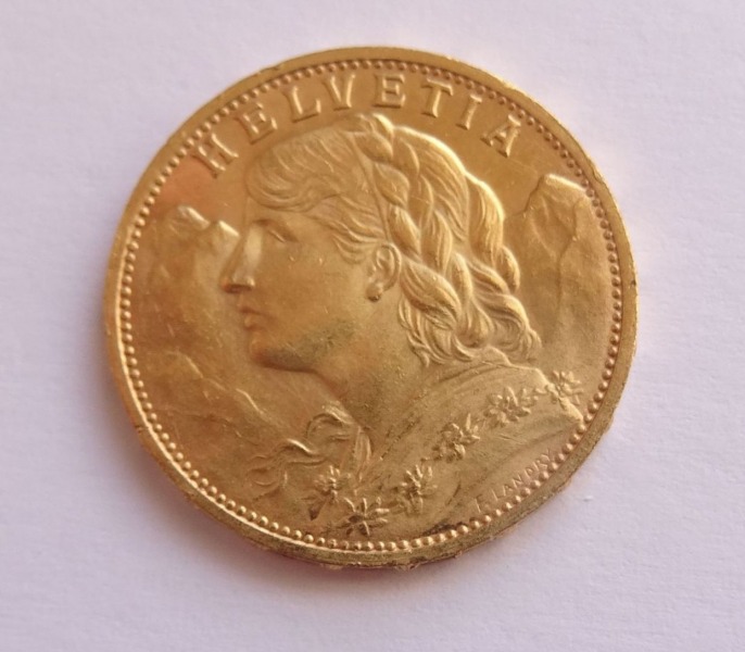 Монета, Швейцария, 20 франков, 1930, Берн, золото, KM:35.1 вес 6.45 гр.