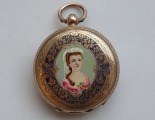 Women's antique pocket watch with key, England, multicolor, 18K  gold enameled 