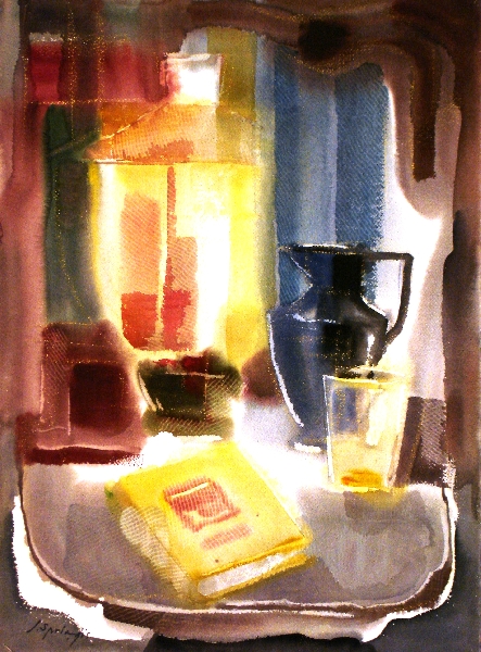 Still life with blue cup and book
