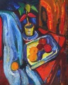 Still life with blue drapery and fruits