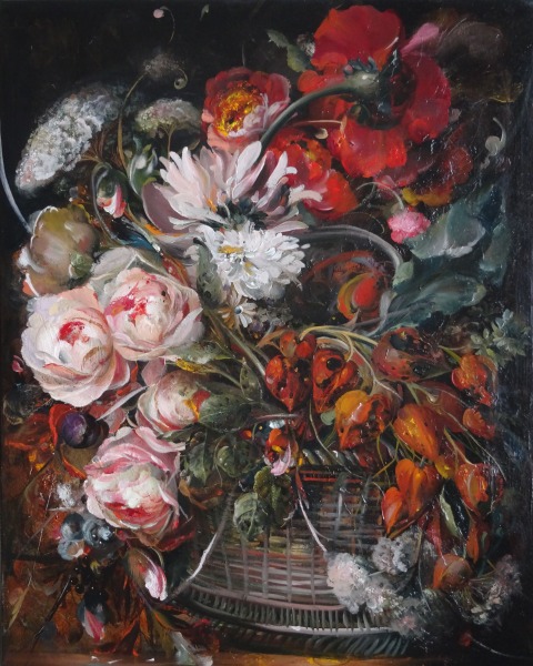 Still life with flowers and a basket