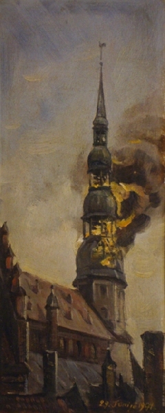 Burning tower of St. Peter church in the 1941st On the 29th June