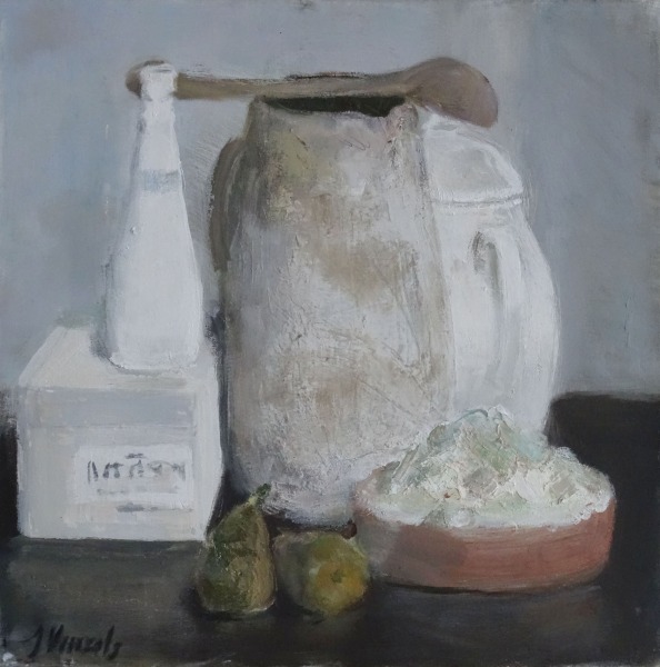 Still life with pears and dishes